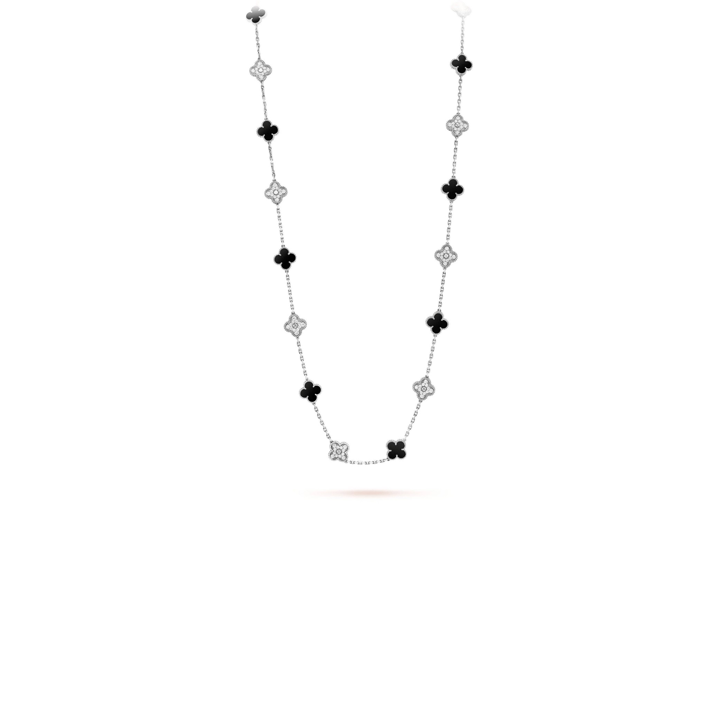 VAN CLEEF ARPELS VINTAGE ALHAMBRA LONG NECKLACE, 20 MOTIFS - WHITE GOLD, DIAMOND, ONYX  VCARP2R800